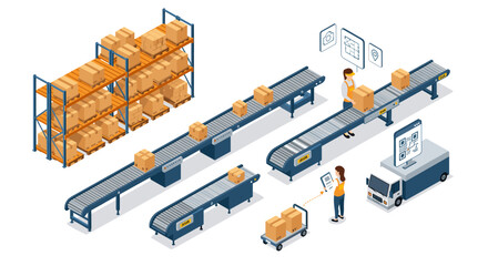 Warehouse automation with employees and conveyor systems in isometric style