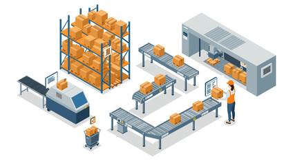 Obraz premium Automated warehouse with conveyor system and packaging process