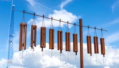 Rustic Metal Wind Chimes Hanging Against Blue Sky with Clouds