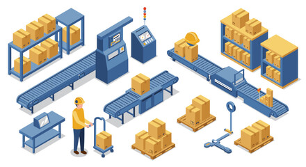 Obraz premium Isometric warehouse automation with conveyor belts and cardboard boxes
