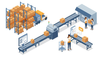Obraz premium Automated warehouse conveyor system with workers in isometric style