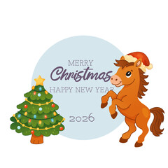 2026 Christmas card with pony and decorated tree