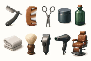 A set of icons related to hairdressing and beauty treatments. Everything is stylized in a realistic design with a predominance of dark and neutral tones on a white background.