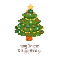 Christmas tree with lights and festive greeting text