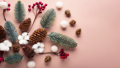 Elegant Pastel Flat Lay Of Pine Cones Berries And Mini Christmas Tree Arranged With Cotton Flowers For Festive Decor