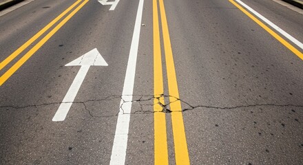 Asphalt road with painted arrows and yellow lines, slightly cracked surface