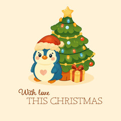 Cute penguin with Christmas tree and holiday greeting