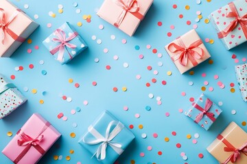 Festive pastel gift boxes scattered on a bright blue background celebrating a joyful occasion with colorful confetti