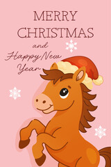 Christmas card with pony in Santa hat on pink background