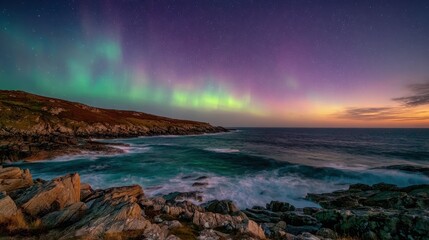 Naklejka premium Aurora Borealis Over Rocky Coastline at Twilight