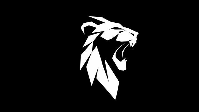 Fierce Roaring Lion Head Logo in Solid White Silhouette with Clean Geometric Edges on a Pitch Black Background