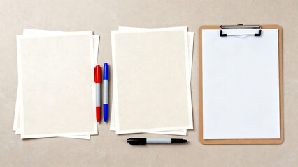 Overhead shot of desk with blank papers, markers, and clipboard for work.
