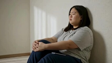 emotional video of an overweight Asian woman in casual clothes sitting alone with her phone, feeling stressed from cyberbullying, highlighting weight struggles, online harassment, and body image issue