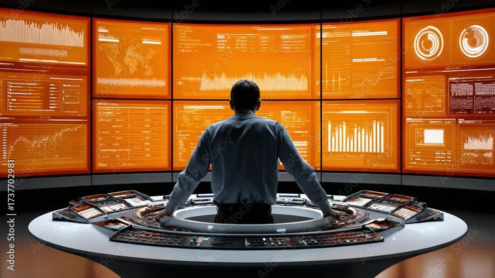 Wall mural control room visionary: an individual stands before a commanding array of screens displaying intrica