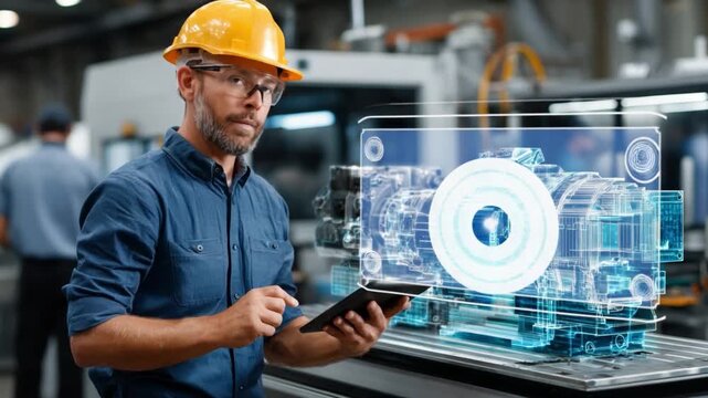 Visionary Inspection: An experienced engineer, illuminated by digital schematics, critically assesses complex machinery within a modern factory, symbolizing technological advancement and expertise.