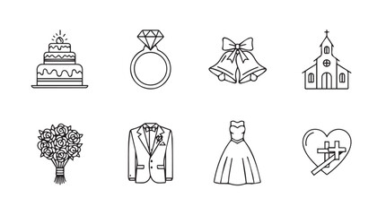 Charming hand-drawn wedding icons featuring cake rings bells church bride groom and bouquet vector