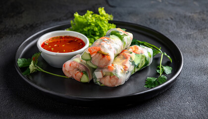 Vietnamese Spring Rolls With Shrimps And Vegetables With Spicy Sauce On A Black Plate Dark Grey Background Closeup