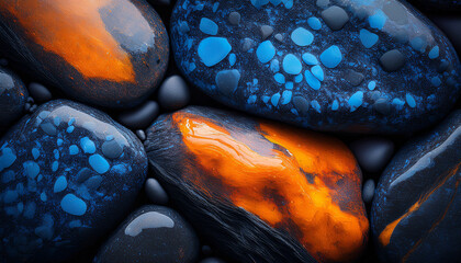 Close Up Of Dark Textured Rocks With Vibrant Blue And Orange Spots