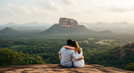 Romantic Getaway A Couple Embracing the Beauty of Nature Under the Warm Golden Sunset in Sri Lanka A Serene Moment of Love and Togetherness at Sigiriya Rock