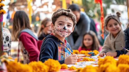 Children painting colorful sugar skulls and playing joyfully during Día de los Muertos family tradition celebration in Mexico