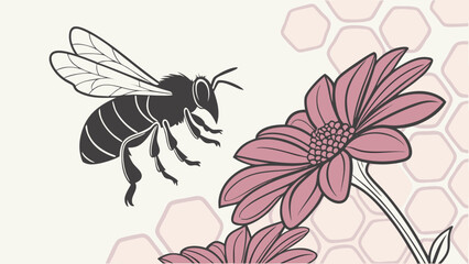 Stylized bee flying towards pink flowers with honeycomb pattern background insect