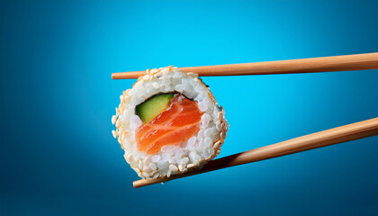 Sushi Roll With Salmon And Sesame Held By Chopsticks Against Blue Background