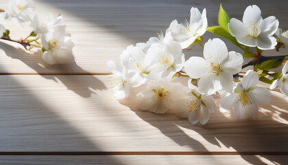 Soft White Cherry Blossoms Gently Illuminated By Natural Sunlight Casting Delicate Shadows On A Light Wooden Surface