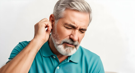 Obraz premium Senior Man Experiencing Ear Pain Earache Discomfort Infection Hearing Loss Health Issues Medical Condition Healthcare Problem Suffering Audiology Painful Vertigo Therapy Treatment