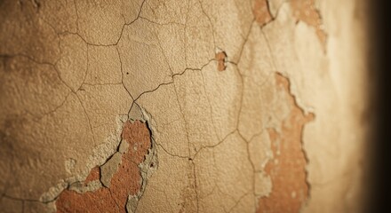 Close-Up of a Cracked and Peeling Wall with Textural Details and Warm Lighting