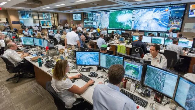 Command Center: A busy command center teems with dedicated individuals, their eyes glued to computer screens displaying real-time data and analytics. - Powered by Adobe