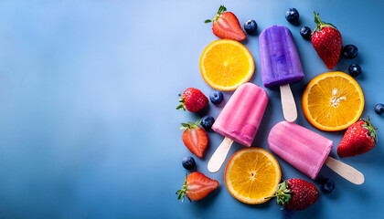 Three Colorful Fruit Ice Cream Popsicles Blue Pink Purple Surrounded By Fresh Blueberries Strawberries Orange Slices Refreshing Summer Dessert Delightful Healthy Treat With Natural Flavors