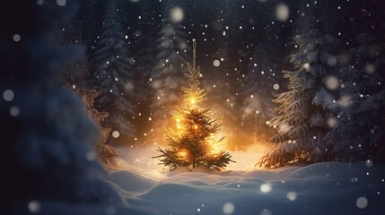 Fototapeta premium christmas evergreen tree forest in snow with holiday lights with copy space on winter forest background