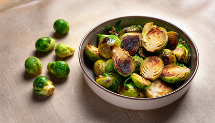 Roasted Brussels Sprouts With A Beside Uncooked Halves Served In A Bowl