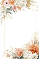 Watercolor Boho Floral Frame with Gold Border on White Background