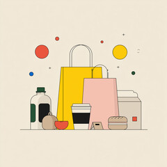 Modern Minimalist Line Art Illustration of Takeout Food and Shopping Bags