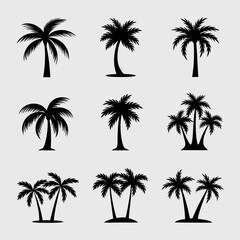 Collection of stylized palm tree vector illustrations perfect for tropical designs and beach themes silhouette