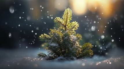 Naklejka premium christmas evergreen tree in snow with holiday lights with copy space on silver bokeh background 