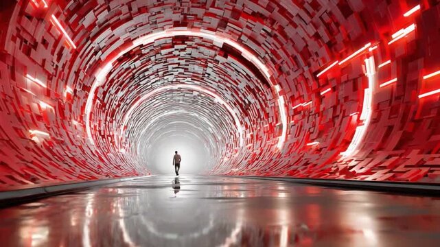 Journey Through the Dataverse: A lone figure ventures into a futuristic tunnel bathed in a radiant glow, surrounded by digital patterns. a concept of exploration