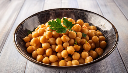 Bowl Of Cooked Chickpeas Garnished With Fresh Parsley