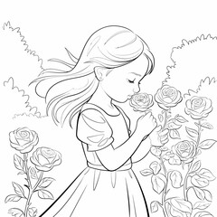 Vector illustration of a young girl smelling roses delicate line art scalable for various uses silhouette