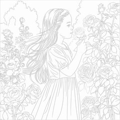 Vector line art illustration of a young girl enjoying roses in a garden scalable graphic silhouette
