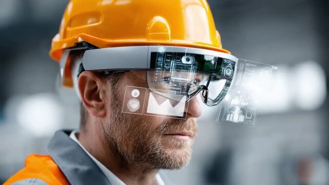 Man with futuristic glasses at work: A close-up of a man wearing high-tech glasses and a safety helmet, showcasing the seamless integration of augmented reality in a professional setting.