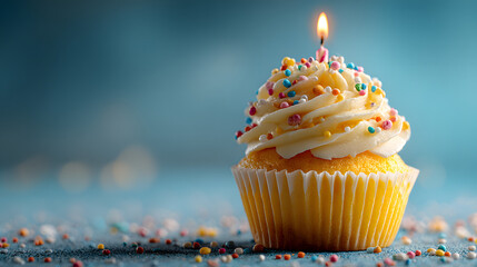 Yellow birthday cupcake with lit candle on blue background for celebration, party decor, festive greeting, anniversary, or special occasion