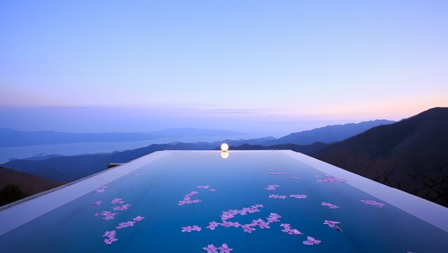 Luxury infinity pool with floating flowers at sunset mountainscape