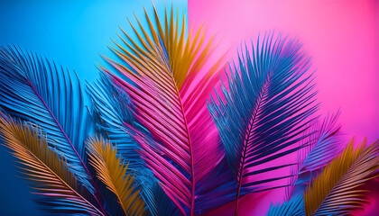 Vibrant Neon Palm Leaves Against A Pink And Blue Background