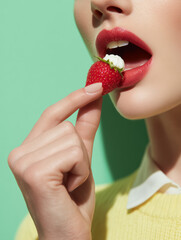 Close-Up of Woman Eating Strawberry with Cream
