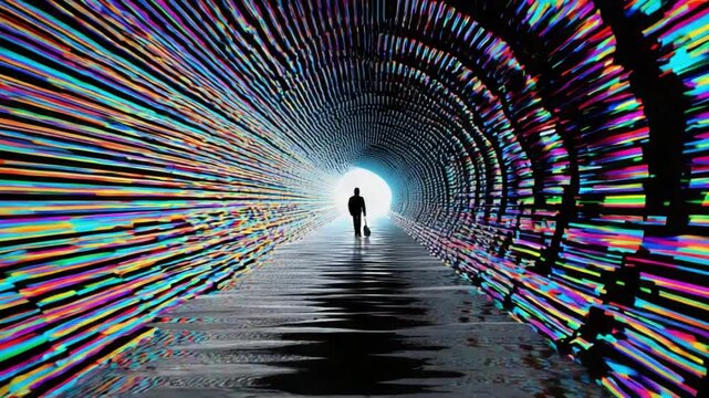 Tunnel Vision: A person walks with dog into a tunnel. The abstract artwork creating a mesmerizing play of colors. The composition captures a sense of journey, mystery, and the pursuit of light.