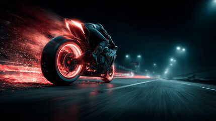 Futuristic Motorcycle Racing on Wet Road at Night with Neon Light Trails
