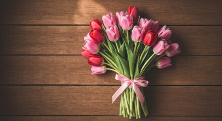 Bouquet of pink & red tulips tied with bow on textured wood background