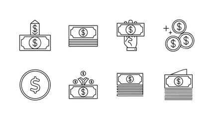 Money and finance icons set currency symbols dollar coins and banknotes for financial services vector